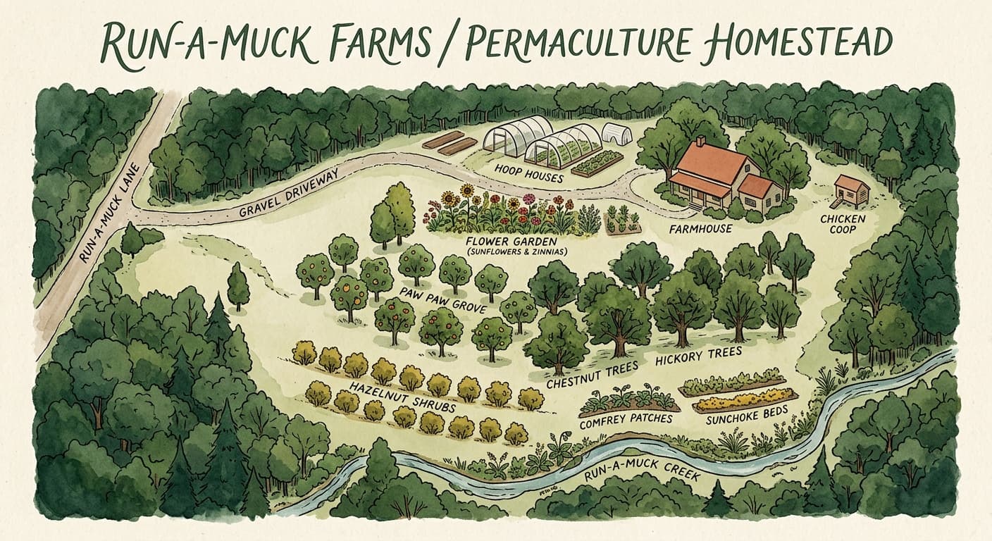 Illustrated aerial map of Run-a-Muck Farms showing hoop houses, cut flower garden, food forest, stream, and driveway at 991 Big Mount Road Dover PA