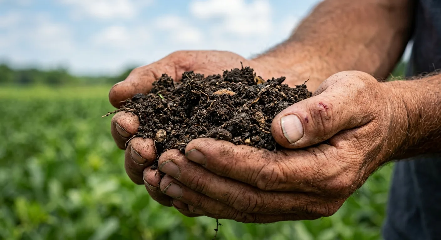 Hands working rich soil on the farm